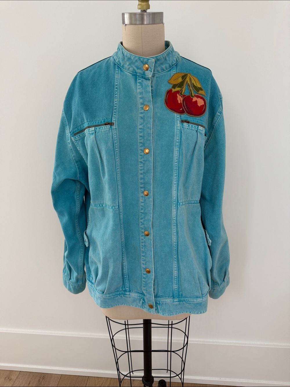 Gucci Turquoise Denim Jacket with Cherry Patch